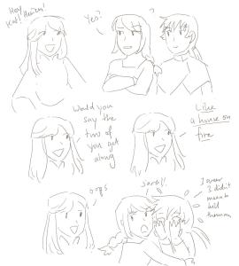 Comic - Sariell approaches Katreia and Akherien and says, "Hey, Kat! Herien!" Both look at her, and Kat replies, "Yes?" Sariell says, "Would you say the two of you get along... Like a house on fire" Akherien starts crying, "I swear I didn't mean to kill them..." And Katreia tells Sariell's name, while Sariell says, "oops" with the same smile as previous panels.